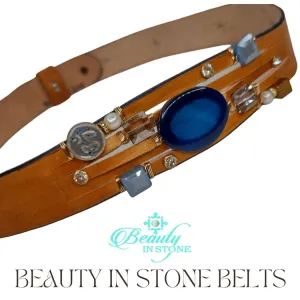 Handmade Leather Belt With Gemstones, Rhinestones, Blue Agate