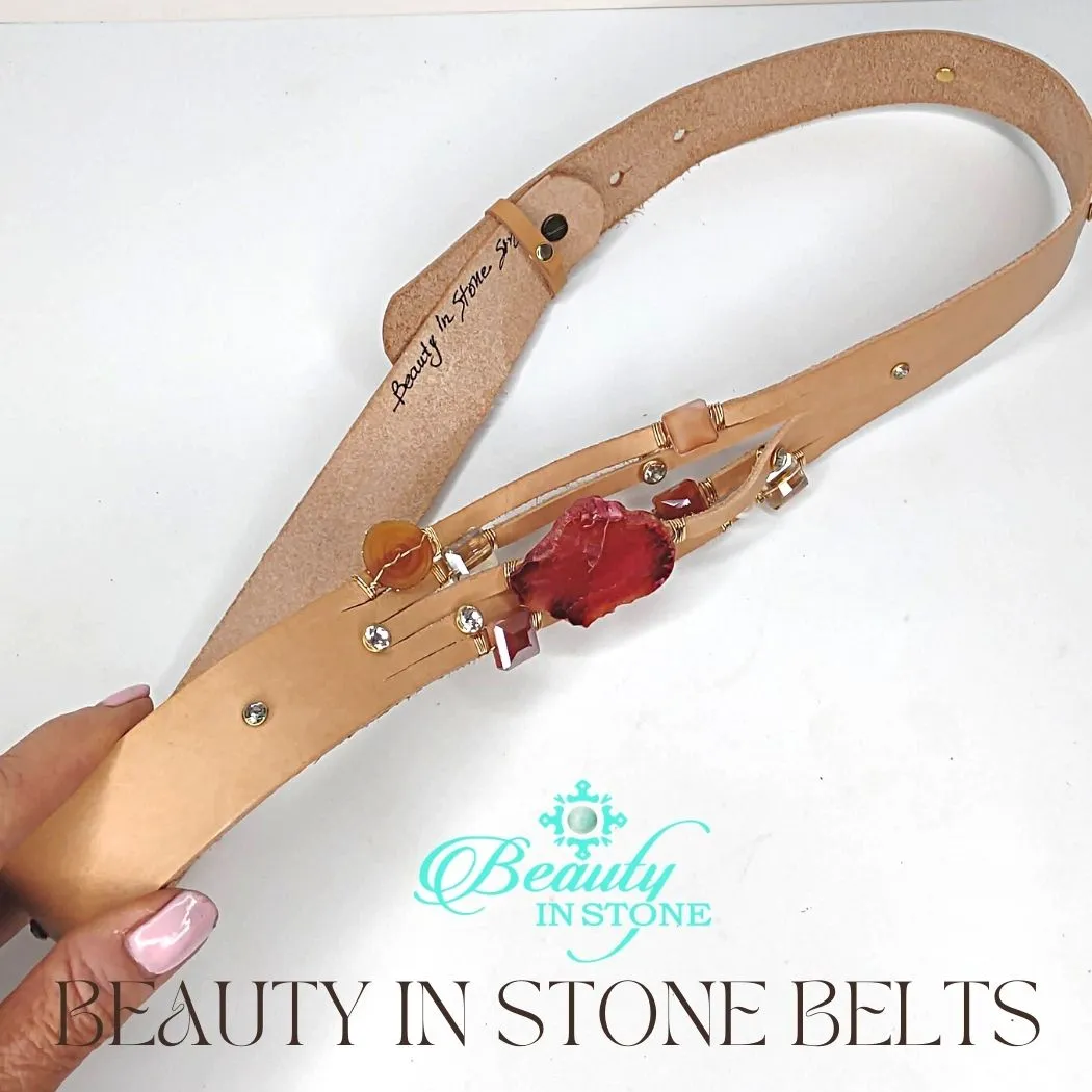Handmade Leather Belt With Rhinestones, Gemstone, Pink Agate