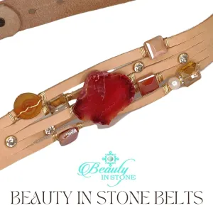 Handmade Leather Belt With Rhinestones, Gemstone, Pink Agate