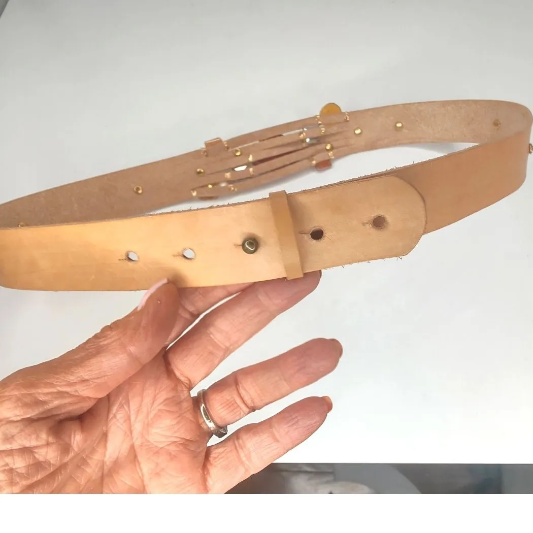 Handmade Leather Belt With Rhinestones, Gemstone, Pink Agate