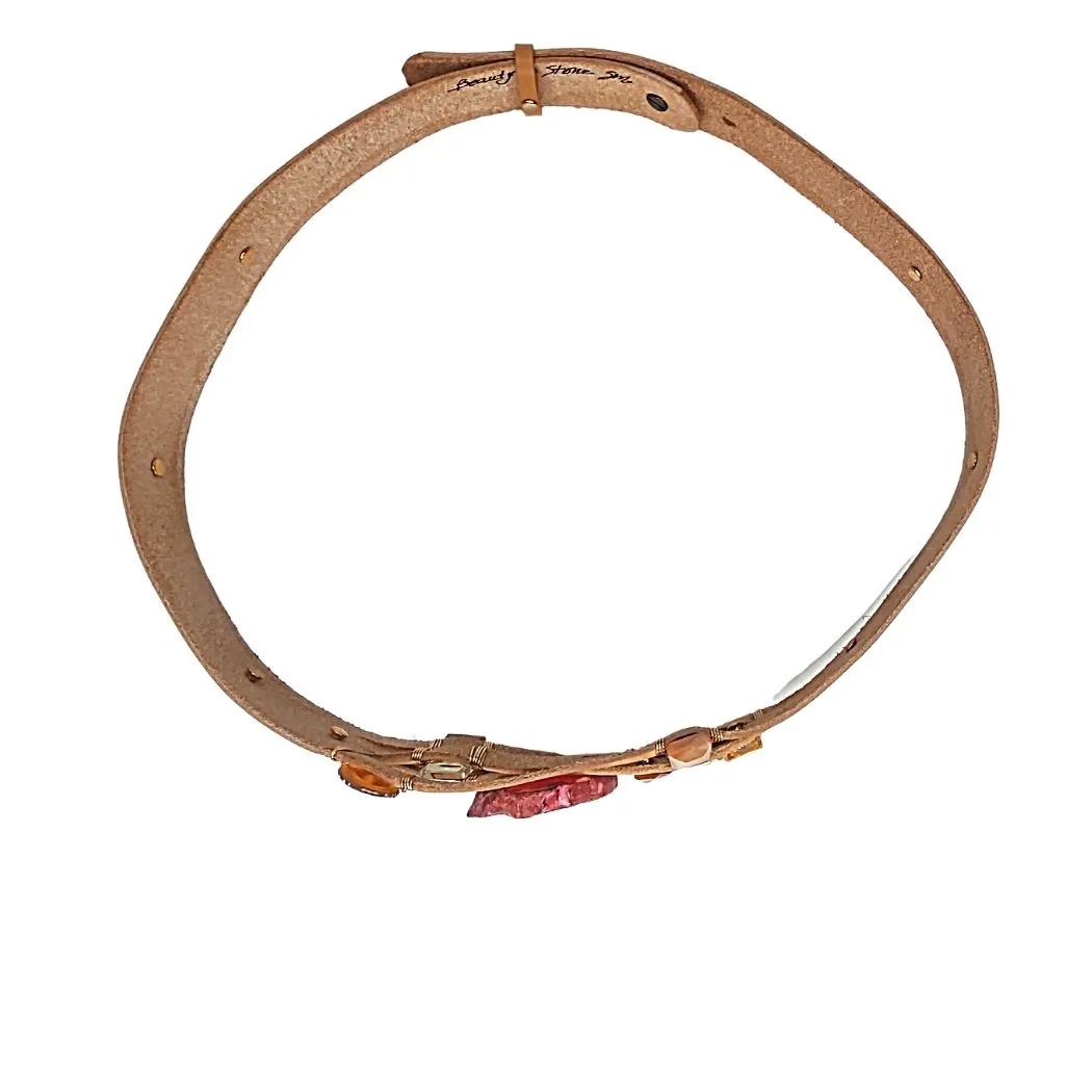 Handmade Leather Belt With Rhinestones, Gemstone, Pink Agate