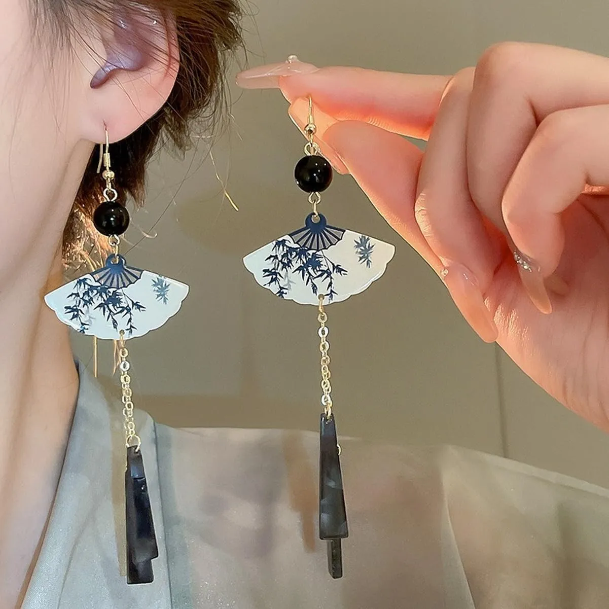 Handmade Resin Fan Dangle Earrings for Women Beautiful Sector Aesthetic Earrings Cheongsam Antique Style Chinese Japanese Vintage Lightweight Sterling Silver Stud Statement Unique Jewelry
