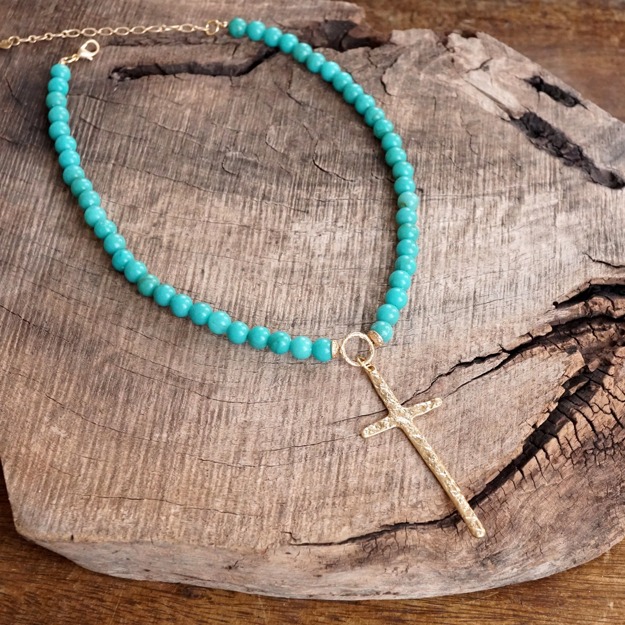 Bold Style Fine Gift Primitive Cross Necklace Gold Pearl Turquoise Beads