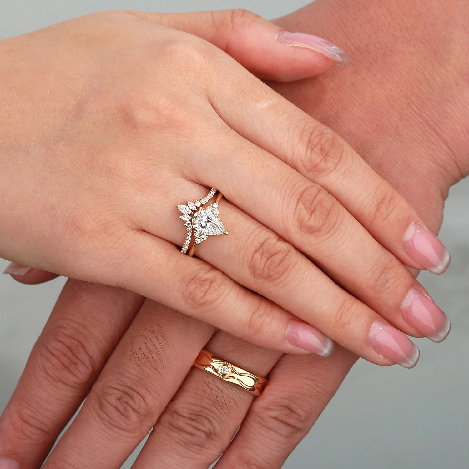 1.0ct Pear Lab Grown Diamond Couple Ring Set 3pcs - Lydia Daily Collection