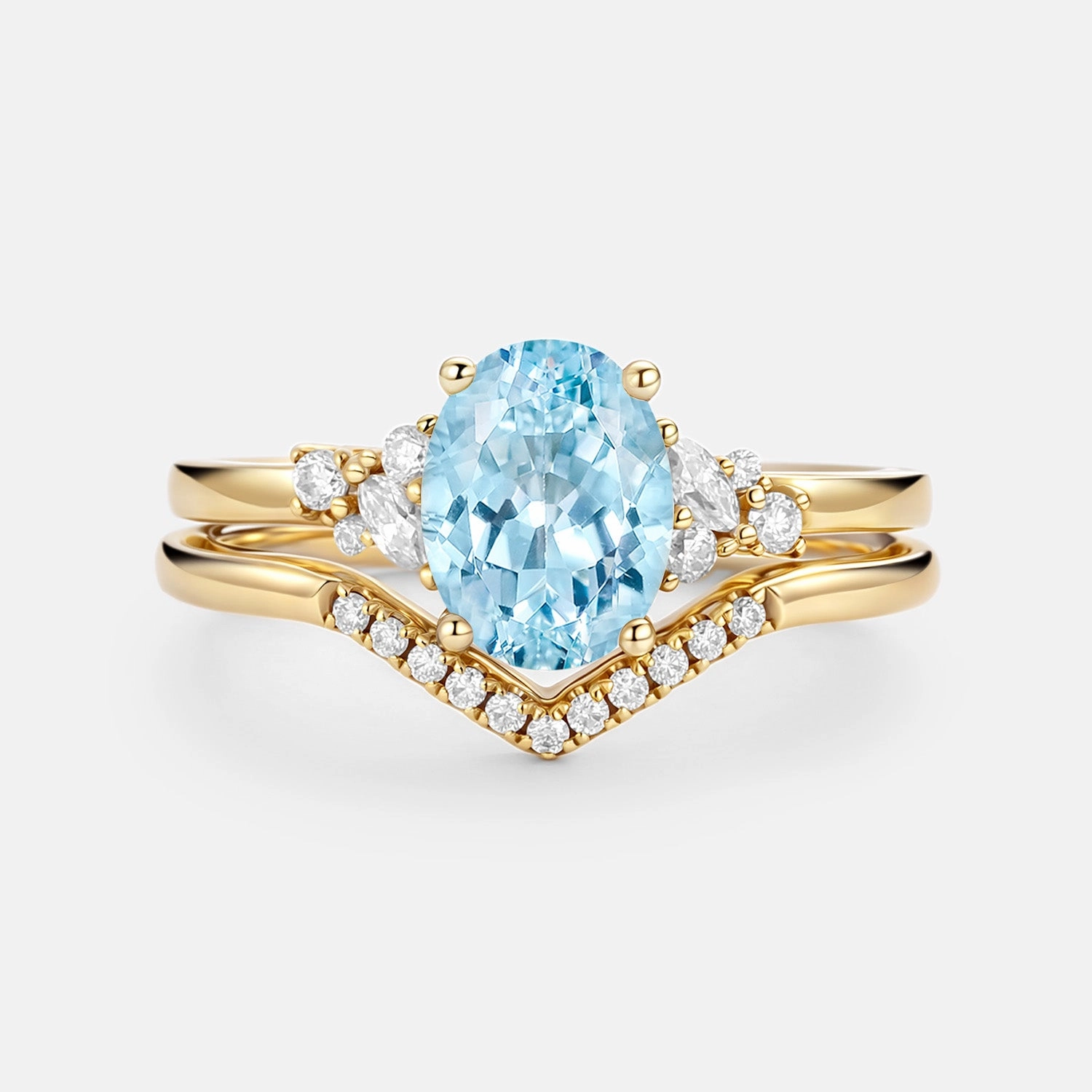 Engagement Accent Timeless Accessory Oval Cut Aquamarine Classic Cluster Gold Ring Set 2pcs - Neptuna
