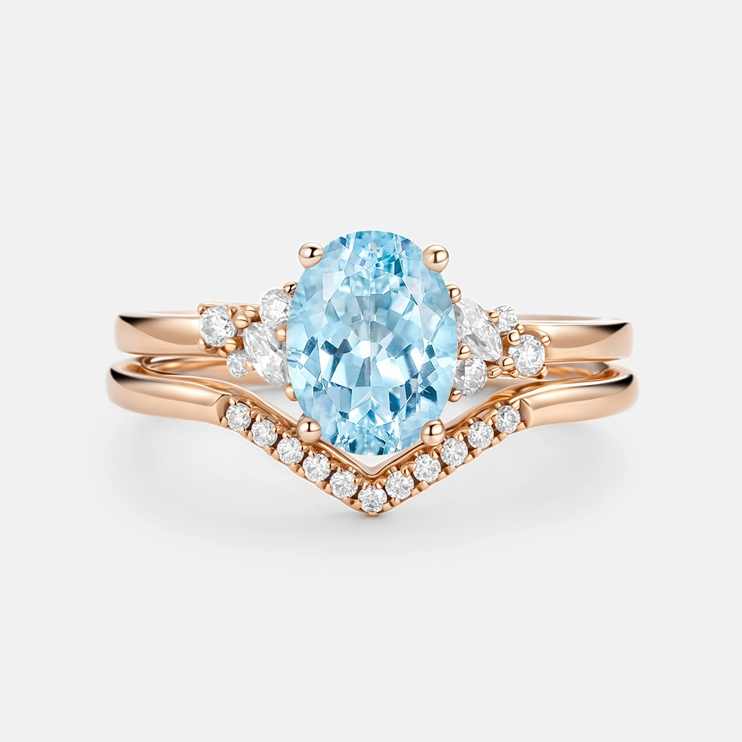 Chic Layer Chic Pop Oval Cut Aquamarine Classic Cluster Gold Ring Set 2pcs - Neptuna