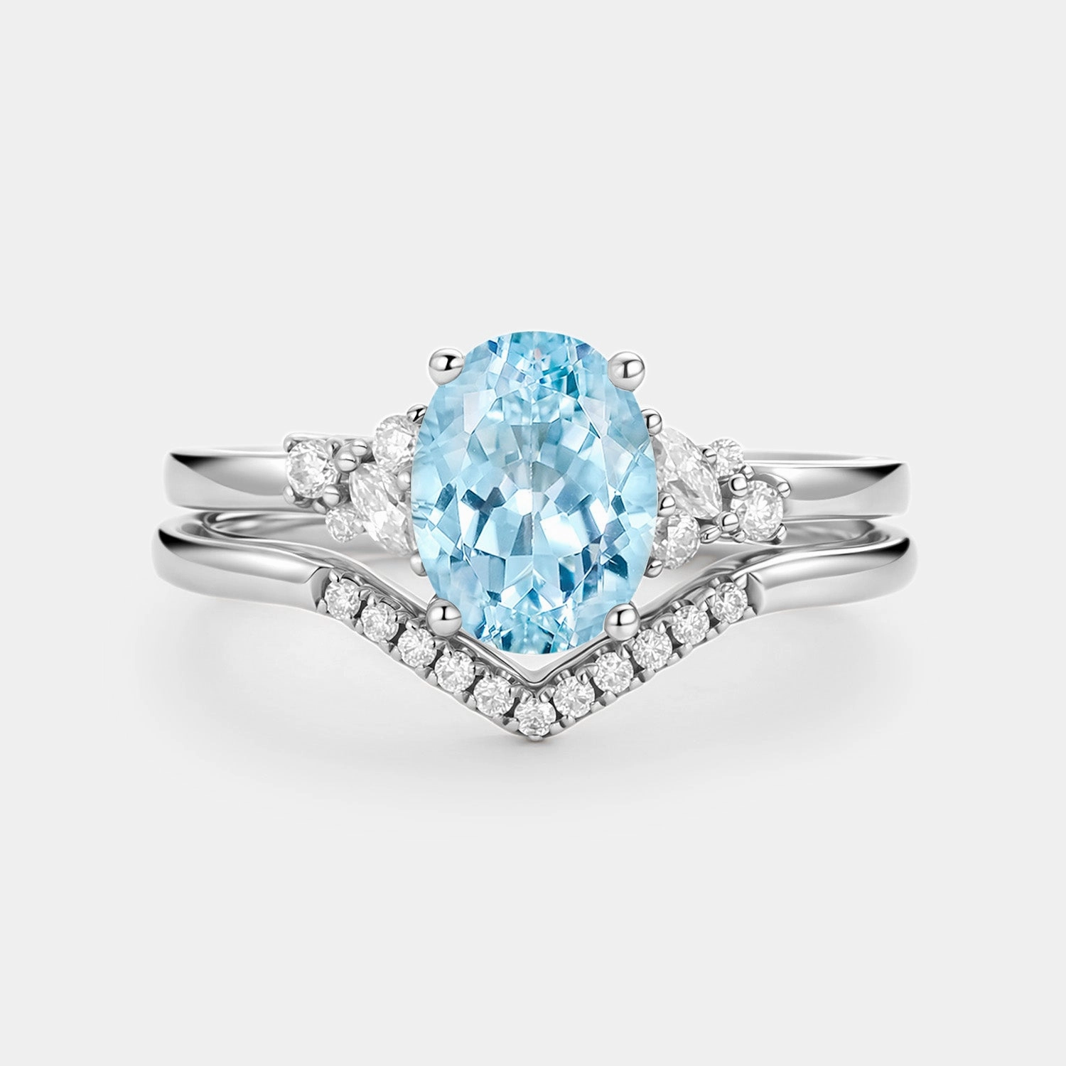 Enduring Charm Finest Form Oval Cut Aquamarine Classic Cluster Gold Ring Set 2pcs - Neptuna
