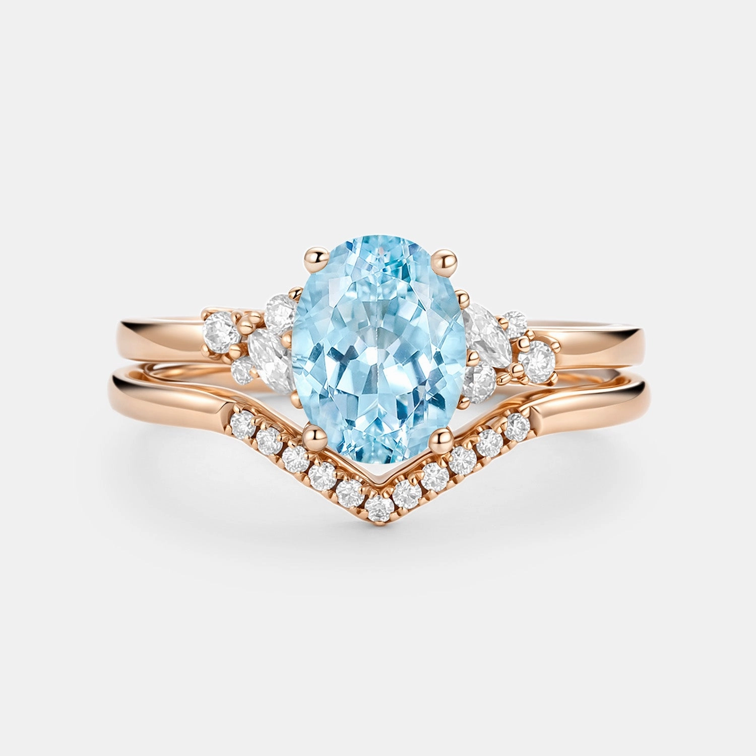 Minimal Mood Oval Cut Aquamarine Classic Cluster Gold Ring Set 2pcs - Neptuna