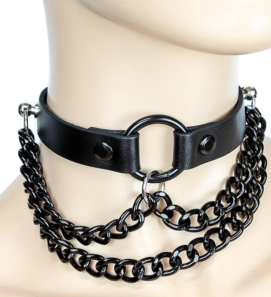 Hanging Diamond Cut Chain Leather Choker