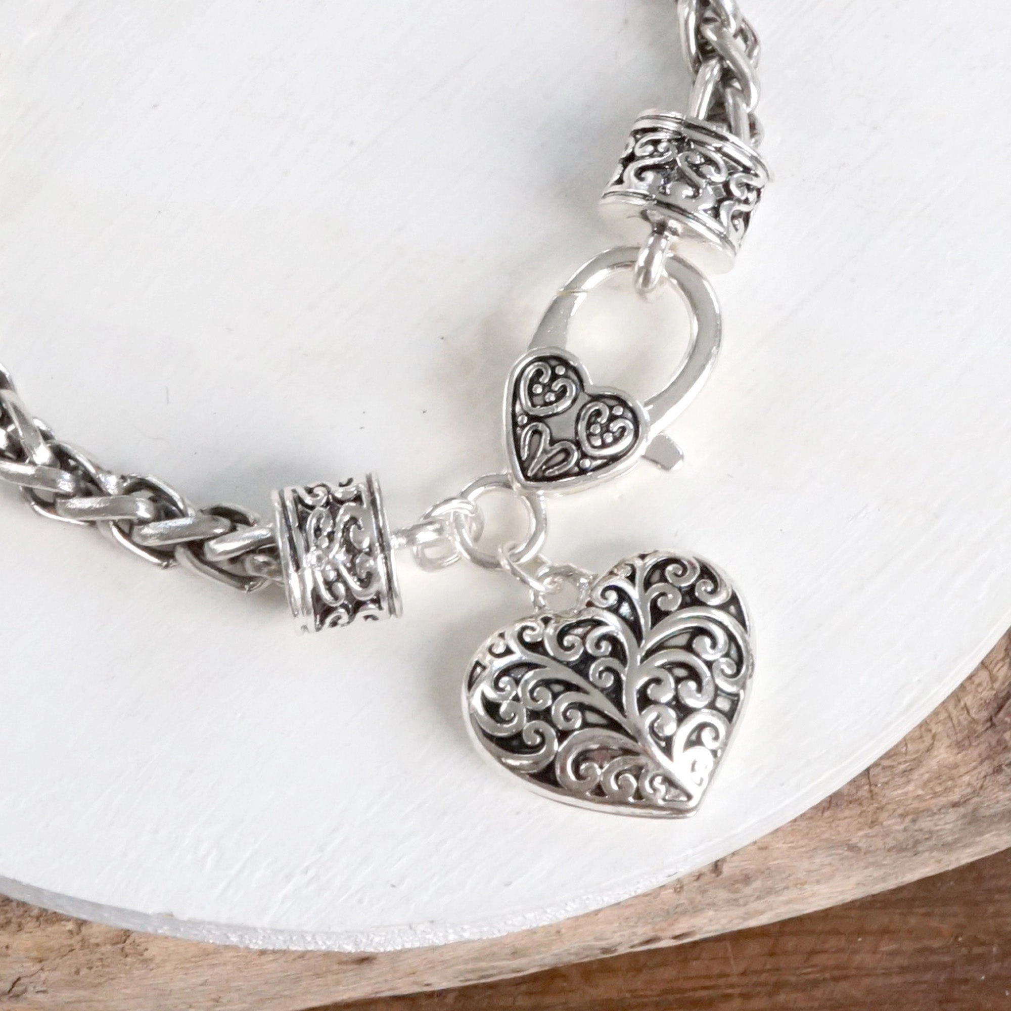 Broad Blends Trendsetting Styles Classic Wheat Chain Bracelet with Filigree Clasp and Charm ?C Heart or Cross Styles