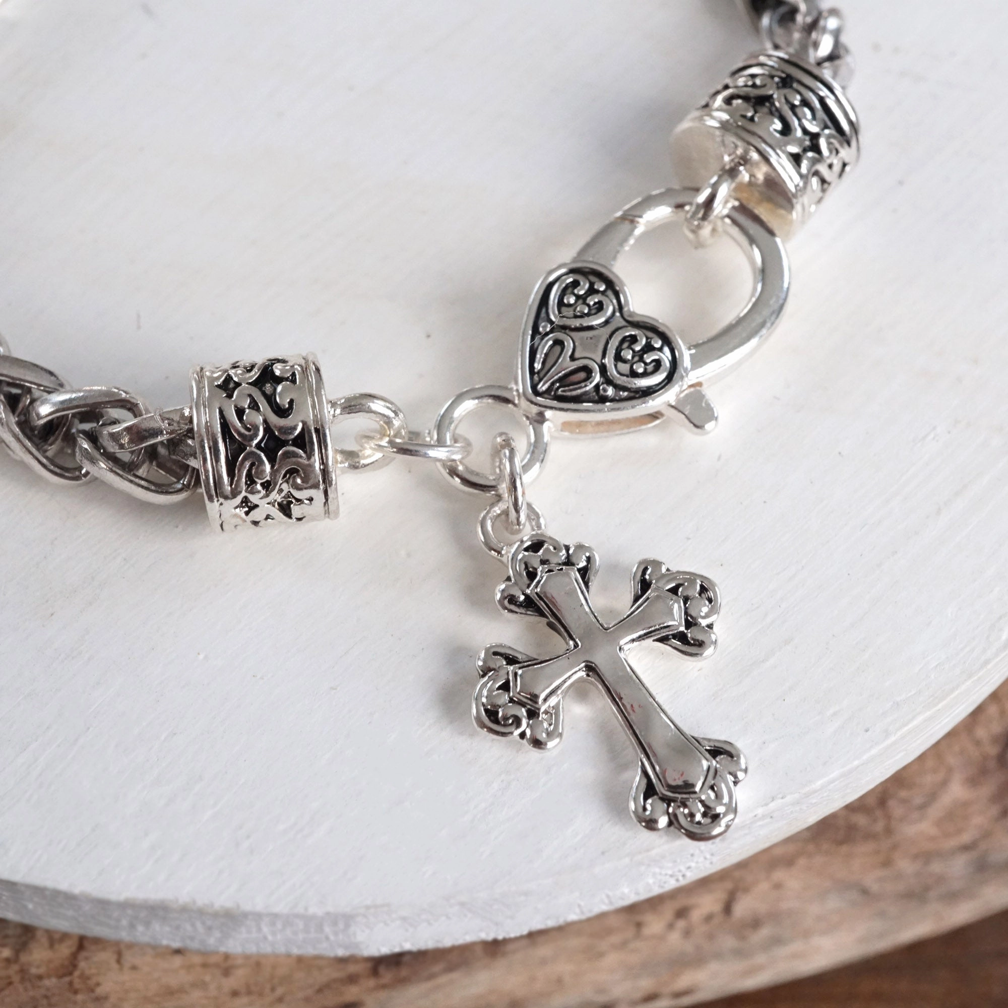 Whimsical Tale Classic Wheat Chain Bracelet with Filigree Clasp and Charm ?C Heart or Cross Styles