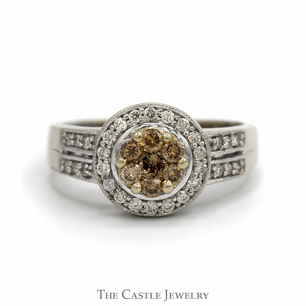 Round Cocoa Diamond Cluster Ring with Diamond Halo and Accented Sides in 14k White Gold Resilient Design