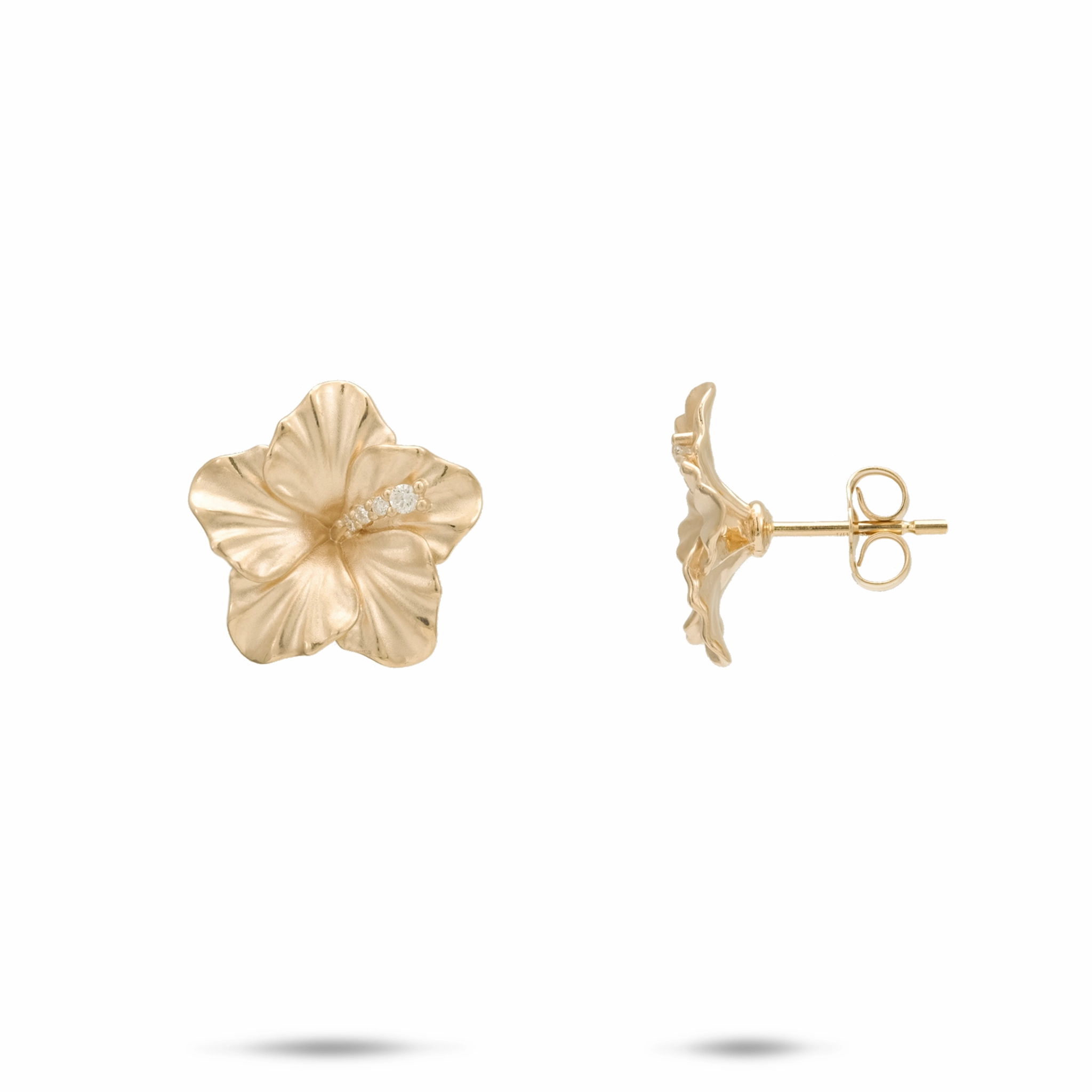 Hawaiian Gardens Hibiscus Earrings in Gold with Diamonds - 14mm Premium Accent