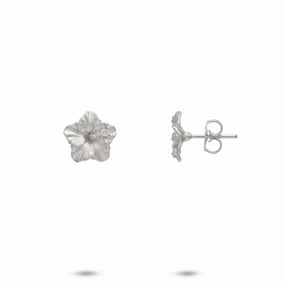 Dynamic Accent Hawaiian Gardens Hibiscus Earrings in White Gold with Diamonds - 9.5mm