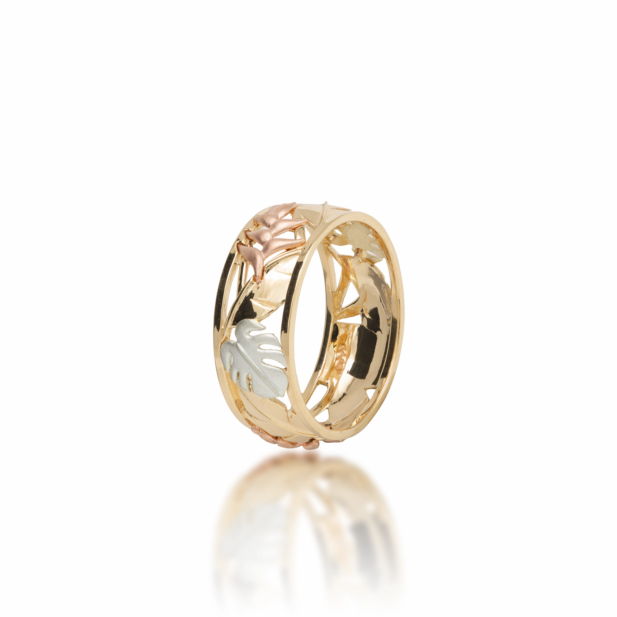 Hawaiian Gardens Monstera & Heliconia Ring in Tri Color Gold - 8mm Radiant Pieces Finish Weekend Chic