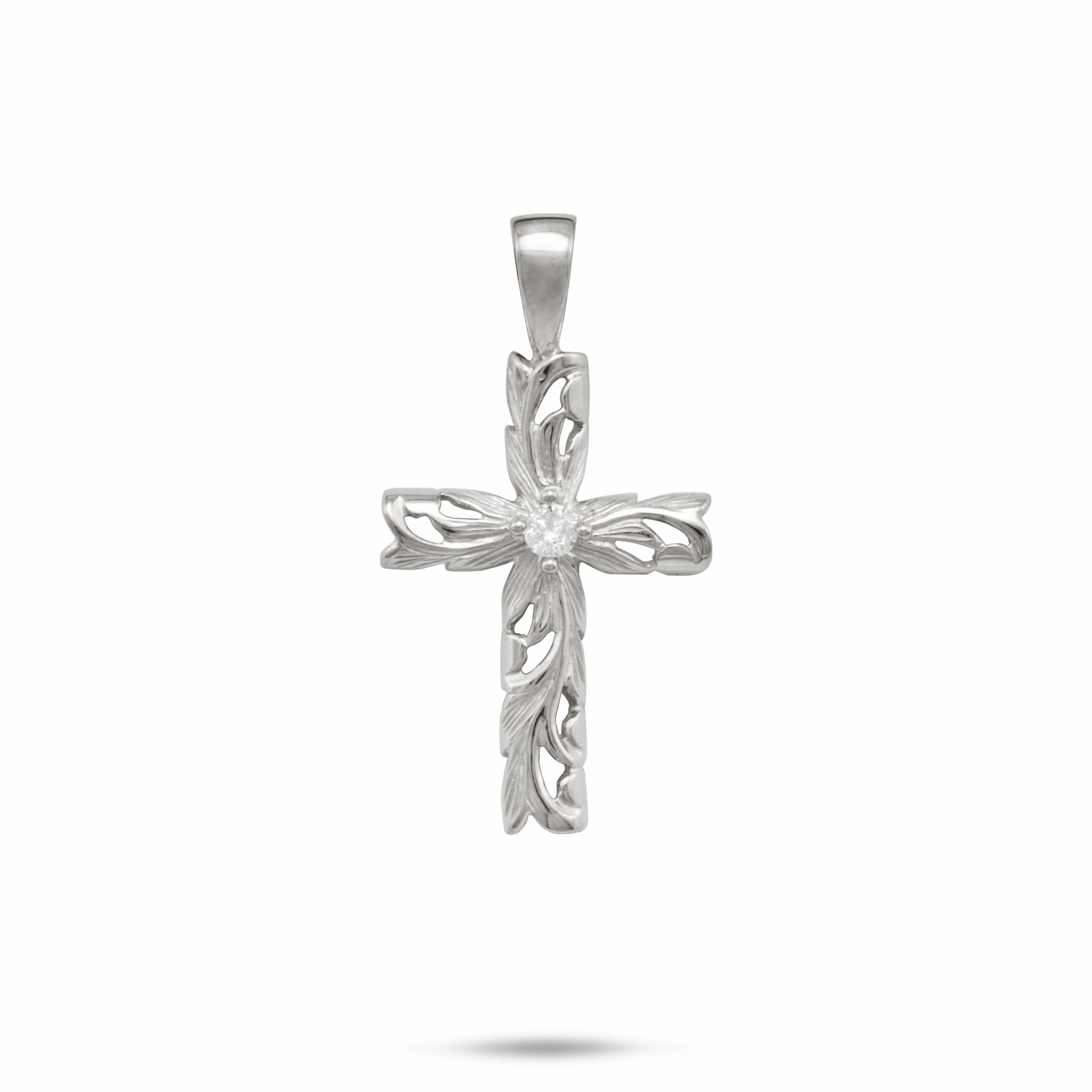 Hawaiian Heirloom Old English Scroll Cross Pendant in White Gold with Diamond - 23mm Layered Touch