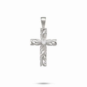 Hawaiian Heirloom Old English Scroll Cross Pendant in White Gold with Diamond - 23mm Layered Touch