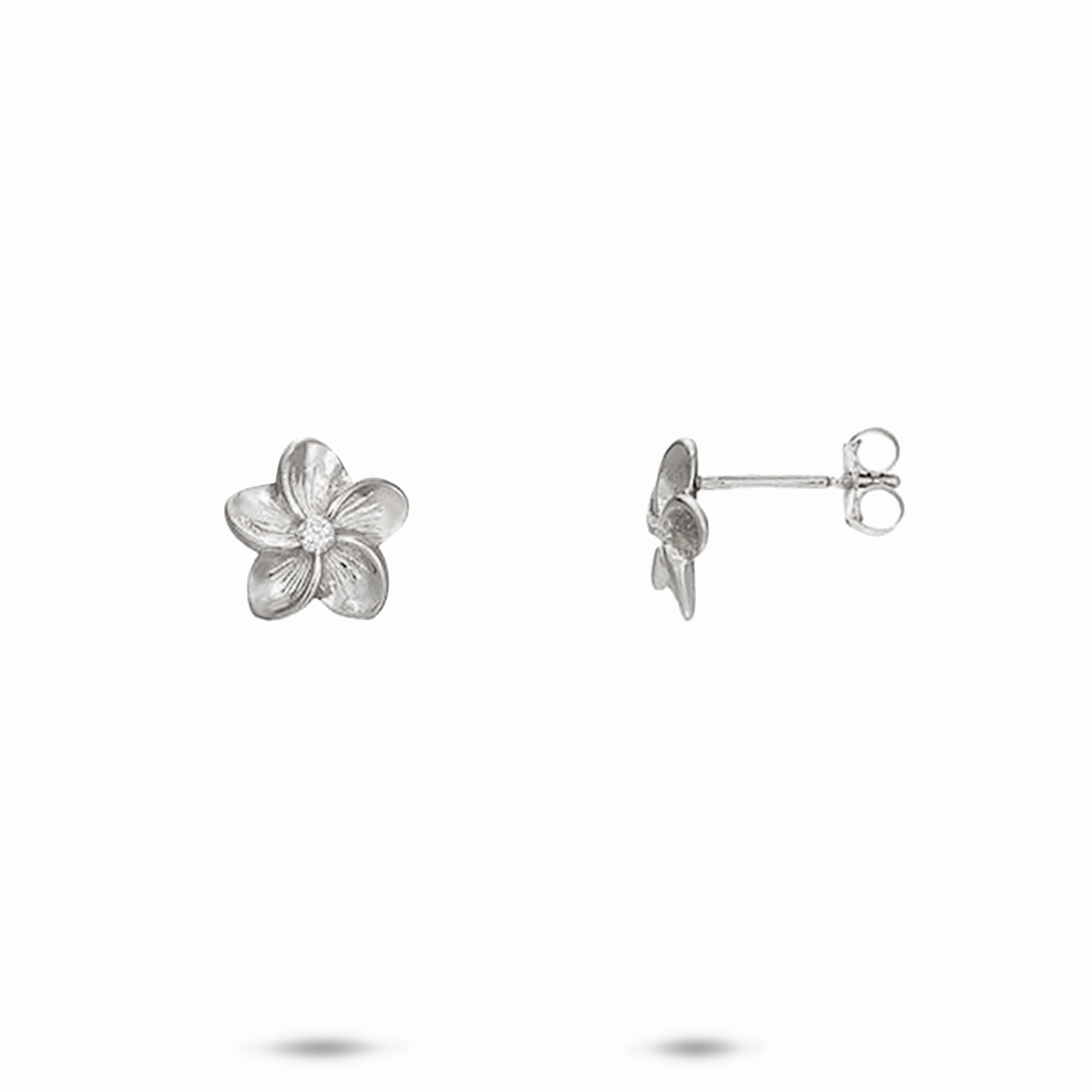 Gloss Edge Hawaiian Heirloom Plumeria Earrings in White Gold with Diamonds - 9mm