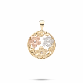 Hawaiian Heirloom Plumeria Pendant in Tri Color Gold with Diamonds - 18mm Opulent Radiance Delicate Fit