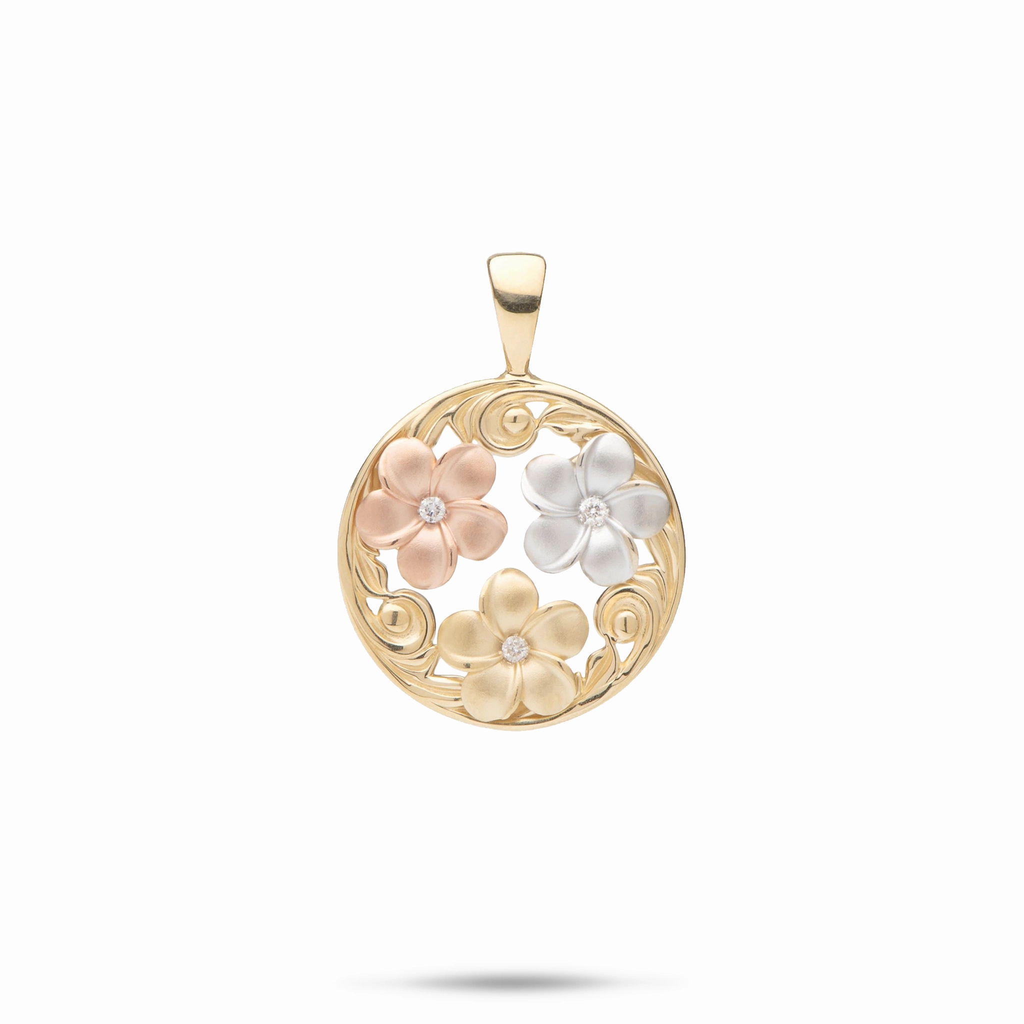 Hawaiian Heirloom Plumeria Pendant in Tri Color Gold with Diamonds - 18mm Opulent Radiance Delicate Fit