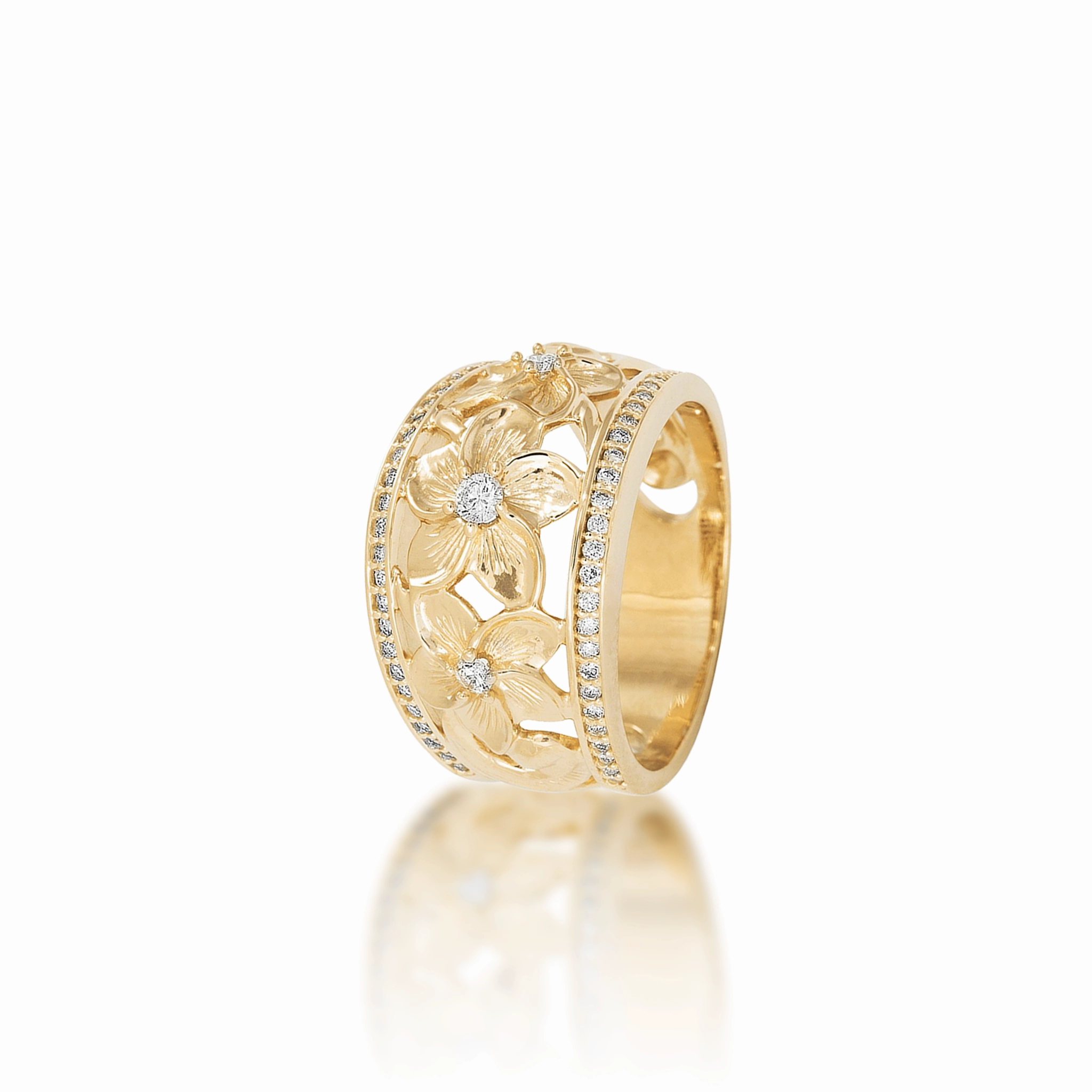 Iconic look Hawaiian Heirloom Plumeria Ring in Gold with Diamonds - 13mm