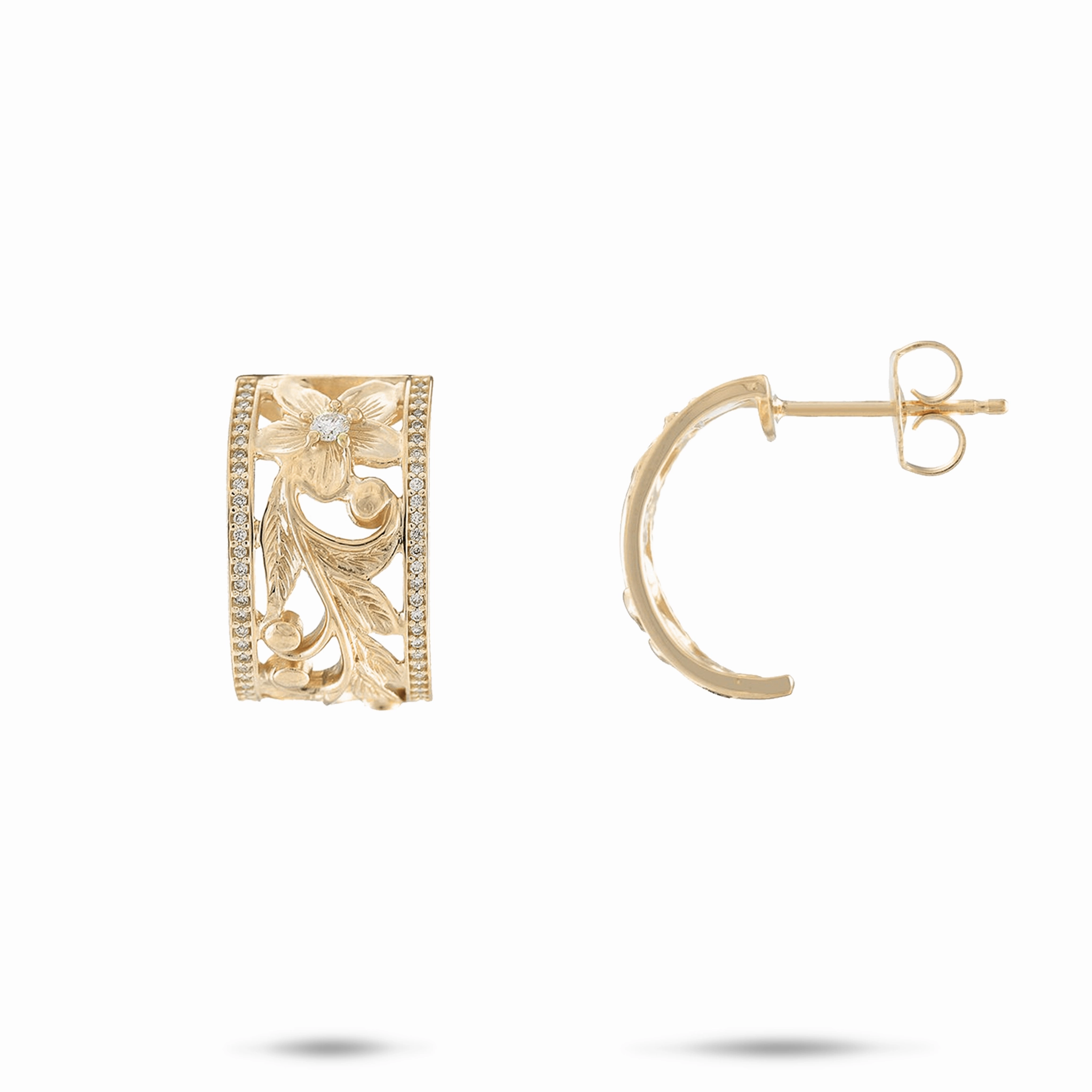 Petite Touch Understated Shine Hawaiian Heirloom Plumeria Scroll Earrings in Gold - 10mm