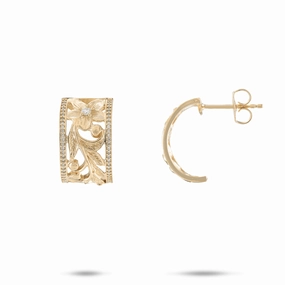 Petite Touch Understated Shine Hawaiian Heirloom Plumeria Scroll Earrings in Gold - 10mm