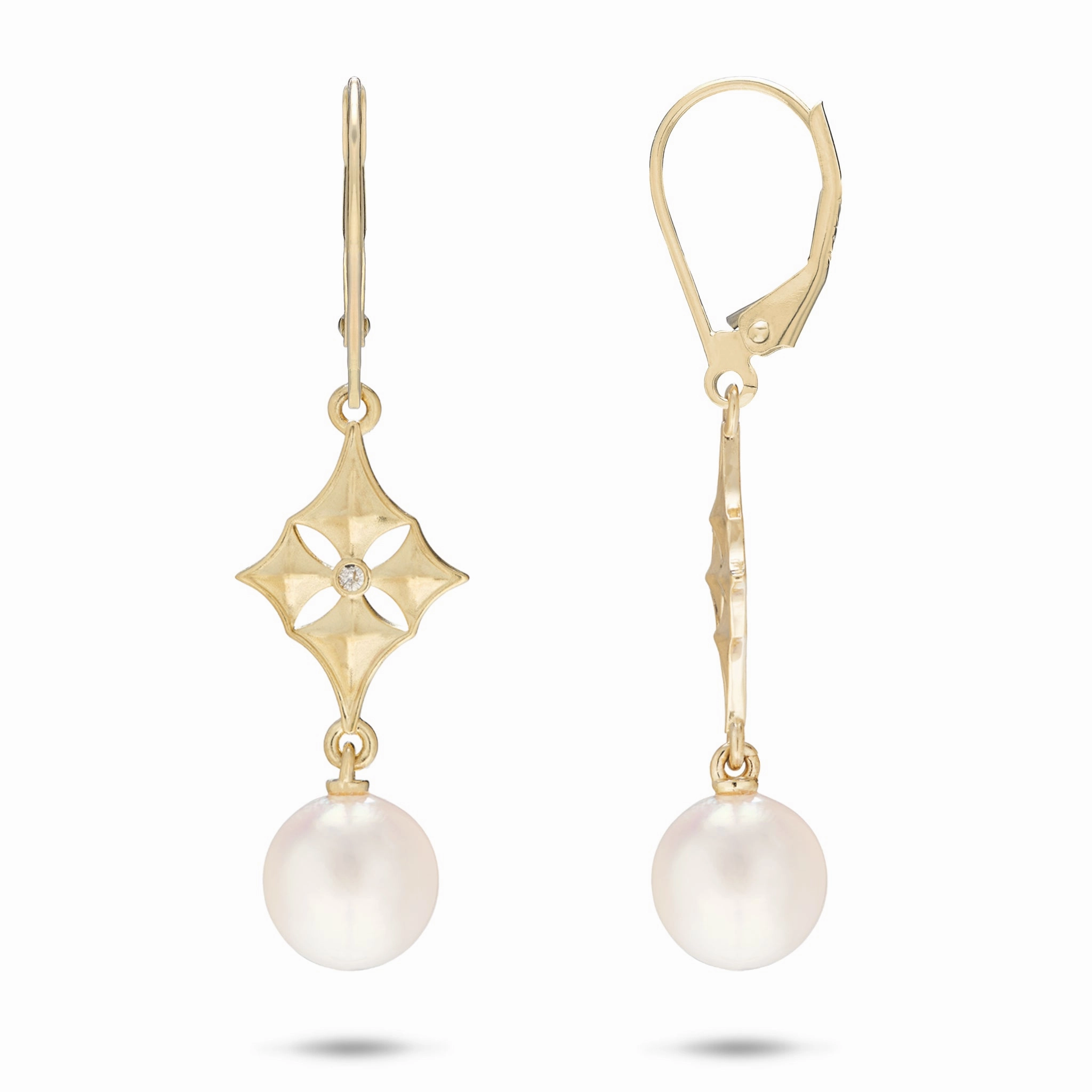 Hawaiian Quilted Star Akoya White Pearl Earrings in Gold - 8mm Fashion Essential