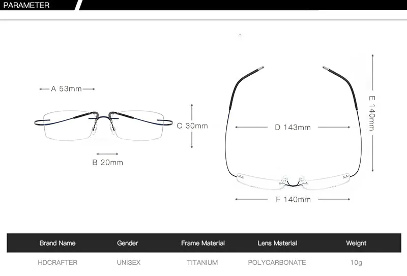 Hdcrafter Rimless Rectangle Titanium Frame Eyeglasses Unisex