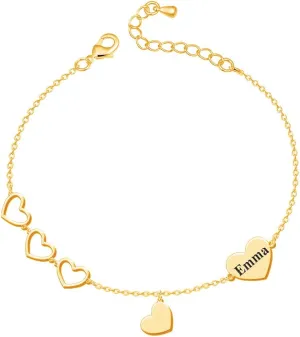 Heart Bracelets Personalized with Birthstone, Engraved Name Letters Heart Charms Bracelet Jewelry Gift for Women Girls