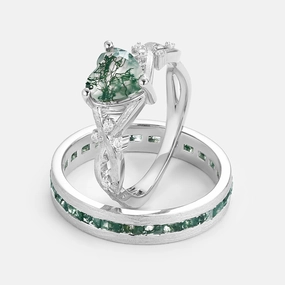 Dazzling Detail Breezy Look Heart Shape Moss Agate Infinity Couple Ring Set 2pcs