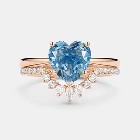 Heart Shaped Blue Lab Grown Diamond Classic Solitaire Ring Set 2pcs Gloss Edge Stylish Accessory