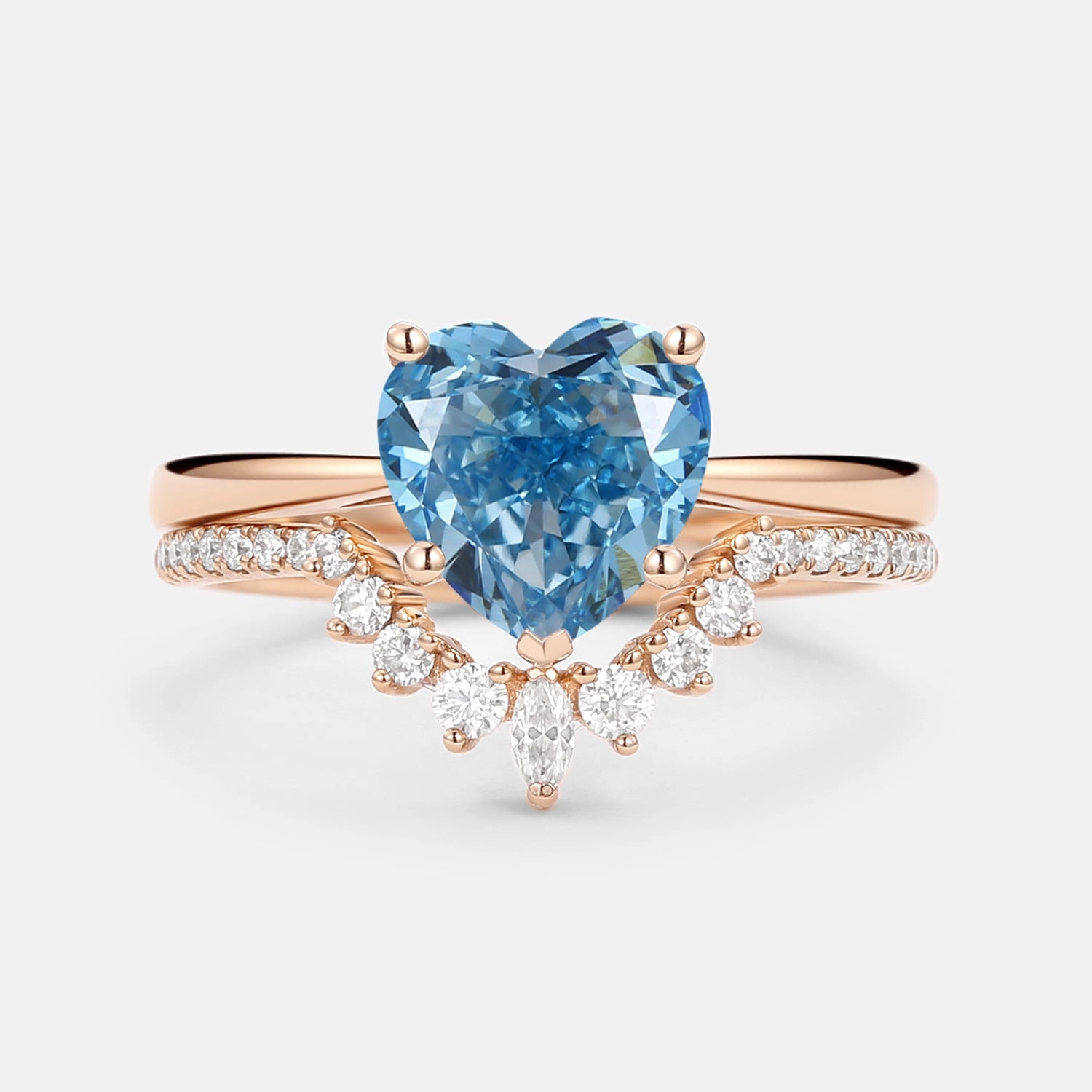 Heart Shaped Blue Lab Grown Diamond Classic Solitaire Ring Set 2pcs Gloss Edge Stylish Accessory