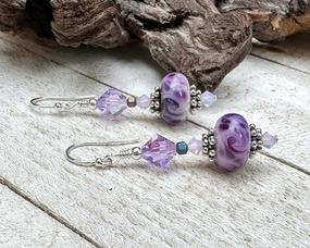 Lavender Amethyst Crystal Lampwork Earrings Curved Jewelry Beautiful Look