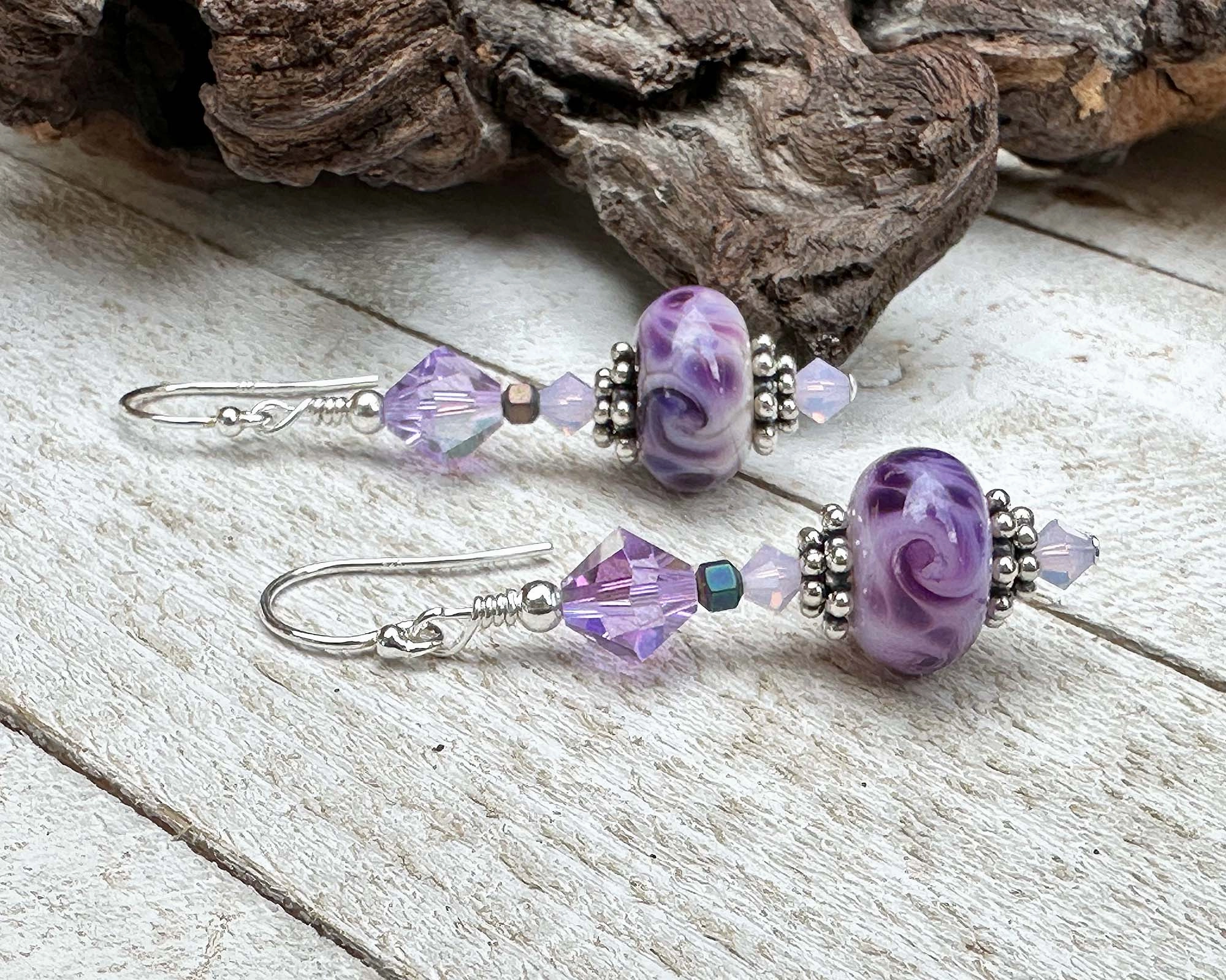Festive Piece Lavender Amethyst Crystal Lampwork Earrings