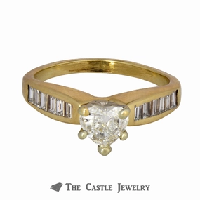 Beautiful Article Heart Shaped Diamond Engagement Ring with Baguette Mounting in 14K Yellow Gold