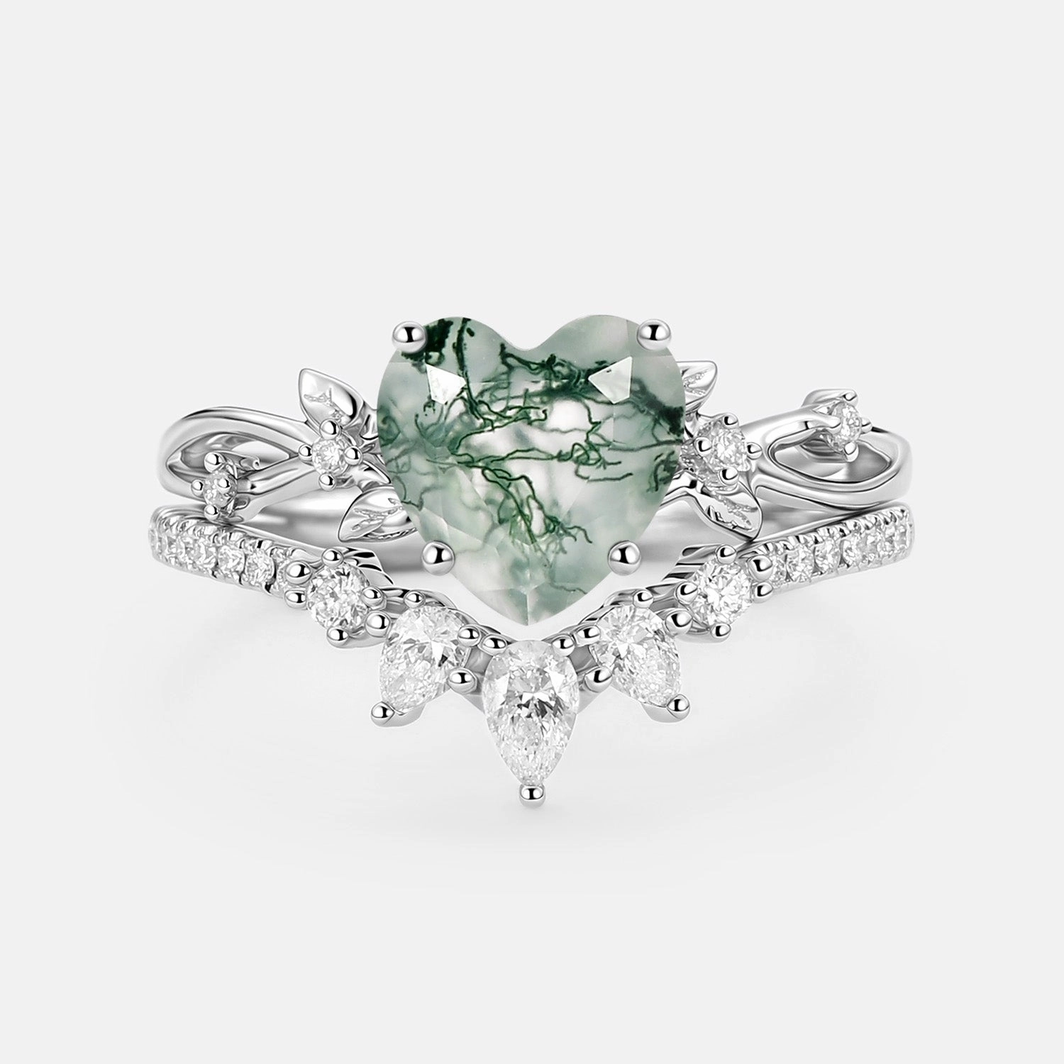 Heart Shaped Moss Agate Leafy Ring Set 2pcs - Wrenley All ages