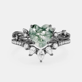 Heart Shaped Moss Agate Leafy Ring Set 2pcs - Wrenley Trendy Accessories Polished Shape