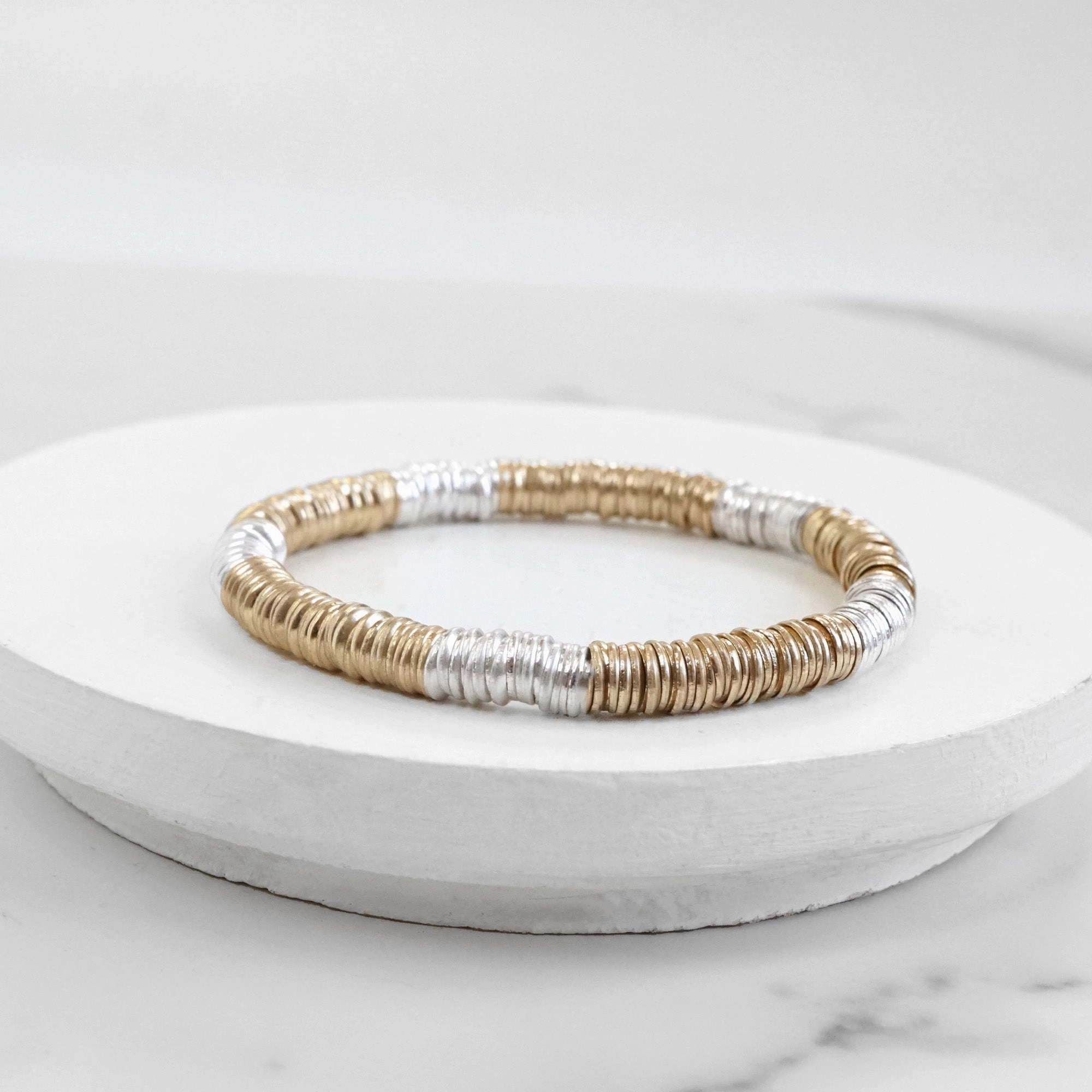 Heishi Disc Boho beaded stretchy bracelet - Silver Gold Tone Brand New View