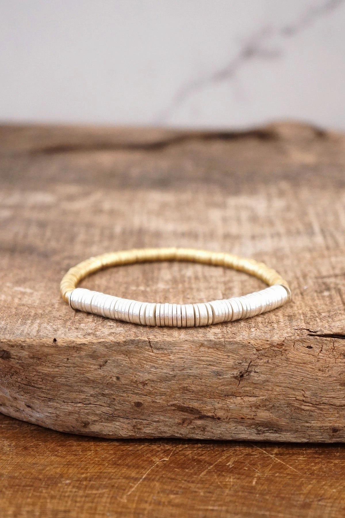 Heishi Disc Boho beaded stretchy bracelet Silver Gold Shell Shared Treasure