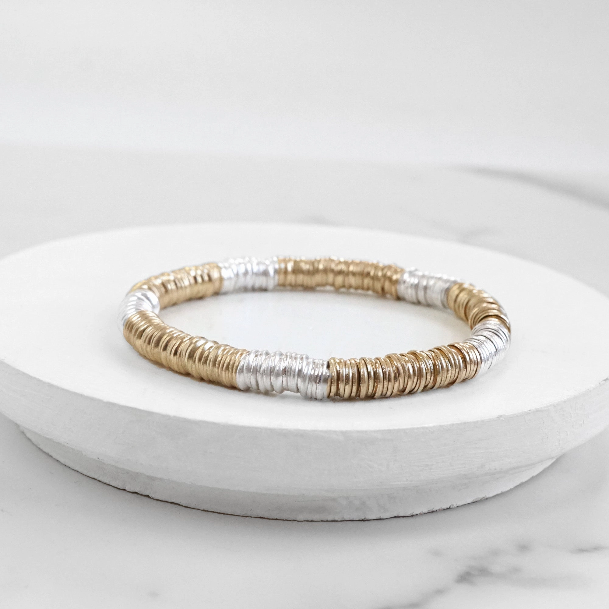 Heishi Disc Boho beaded stretchy bracelet Silver Gold Shell Numerous Amalgamations Infinite Composite