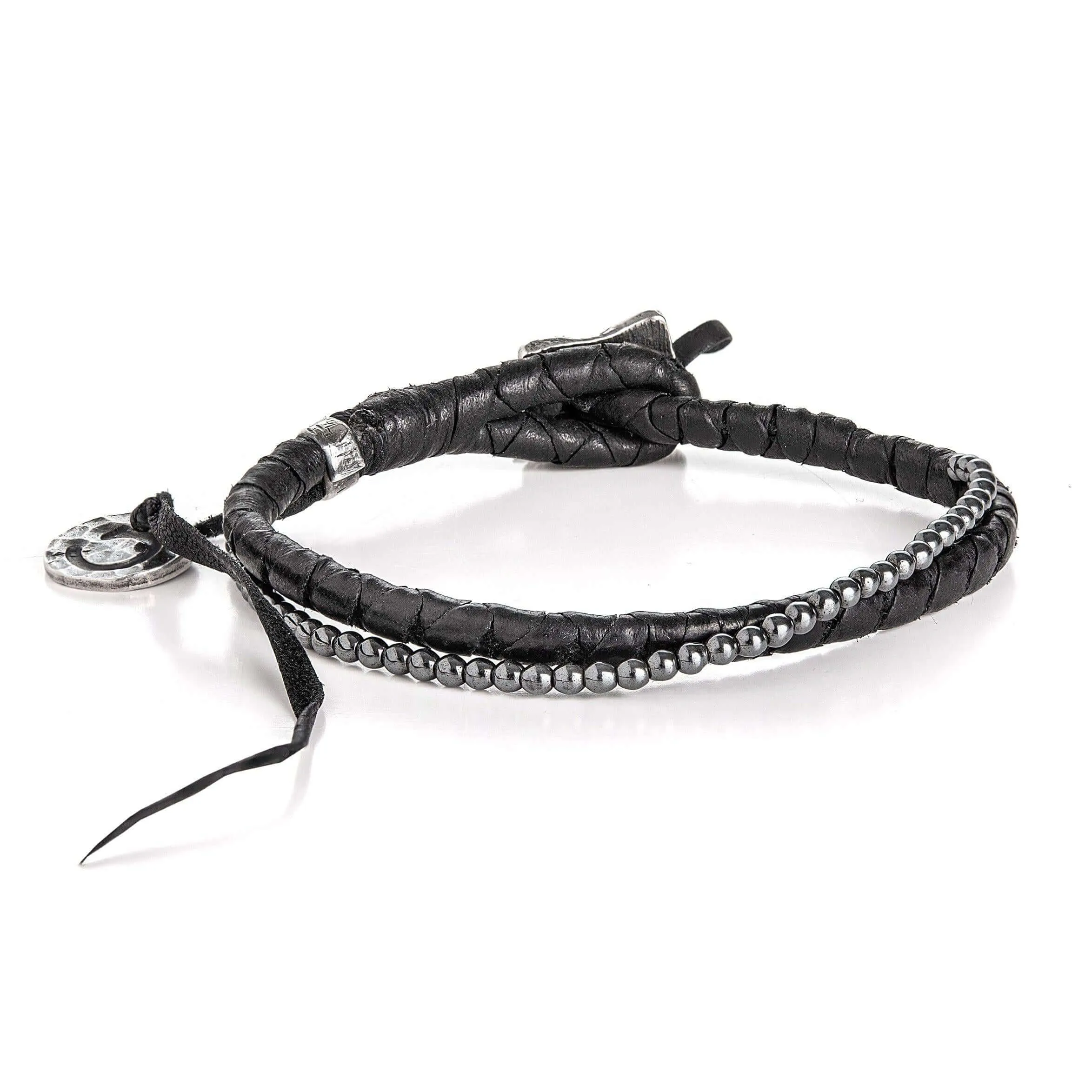 Hematite Beads and Silver Leather Bracelet