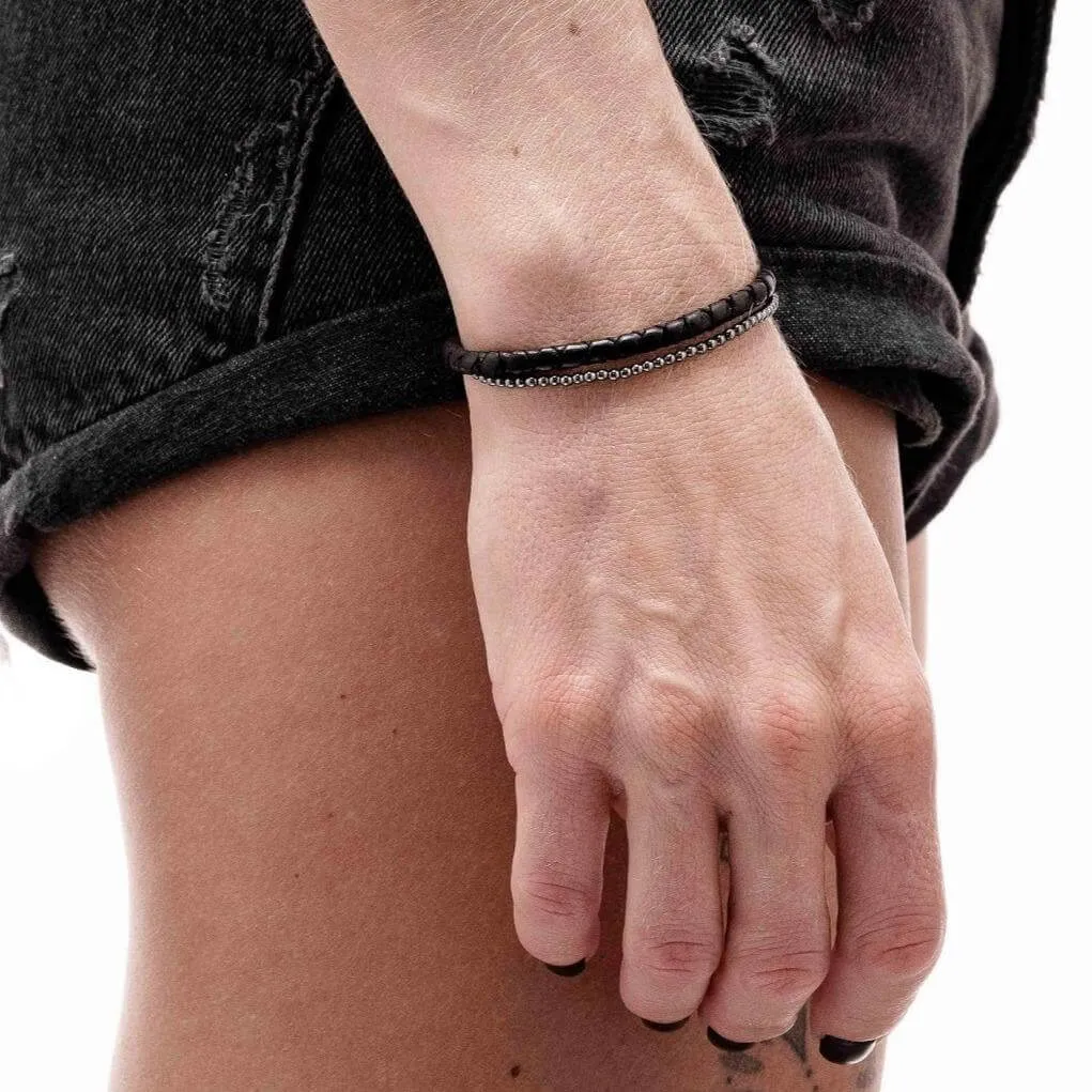 Hematite Beads and Silver Leather Bracelet