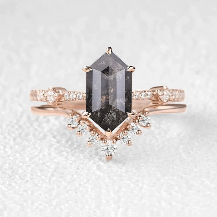 Impressive Finish Hexagon Black & White Salt and Pepper Diamonds Ring Set 2pcs