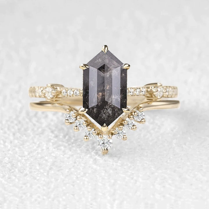 Hexagon Black & White Salt and Pepper Diamonds Ring Set 2pcs Charming Jewelry Shine Everyday Essential