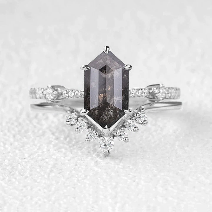 Layered Accent Formal Outfit Hexagon Black & White Salt and Pepper Diamonds Ring Set 2pcs