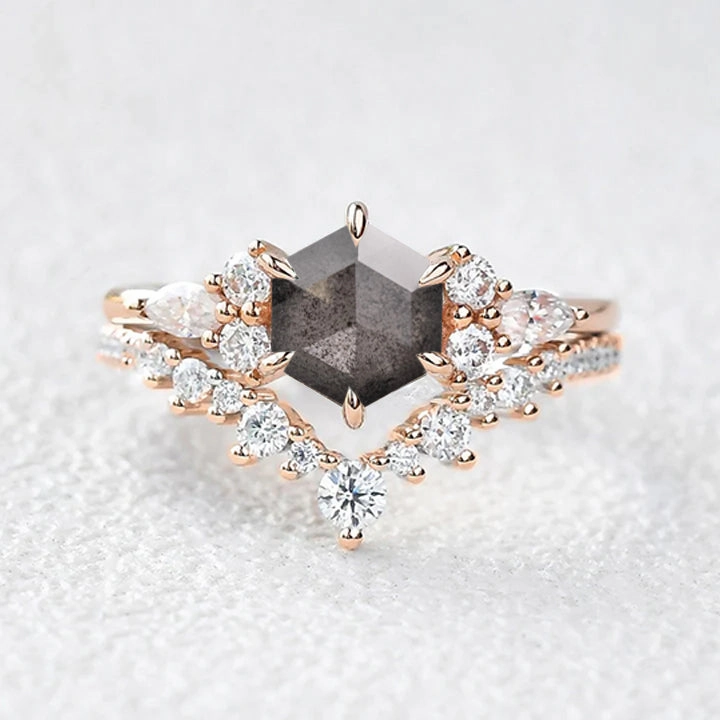 Hexagon Cut Salt and Pepper Diamonds Cluster Ring Set 2pcs Glowing Detail