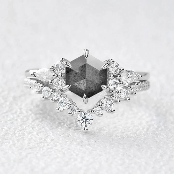 Versatile Piece True Shine Hexagon Cut Salt and Pepper Diamonds Cluster Ring Set 2pcs