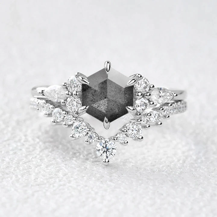 Fresh Sparkle Radiant Craftwork Hexagon Cut Salt and Pepper Diamonds Cluster Ring Set 2pcs