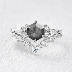 Fresh Sparkle Radiant Craftwork Hexagon Cut Salt and Pepper Diamonds Cluster Ring Set 2pcs